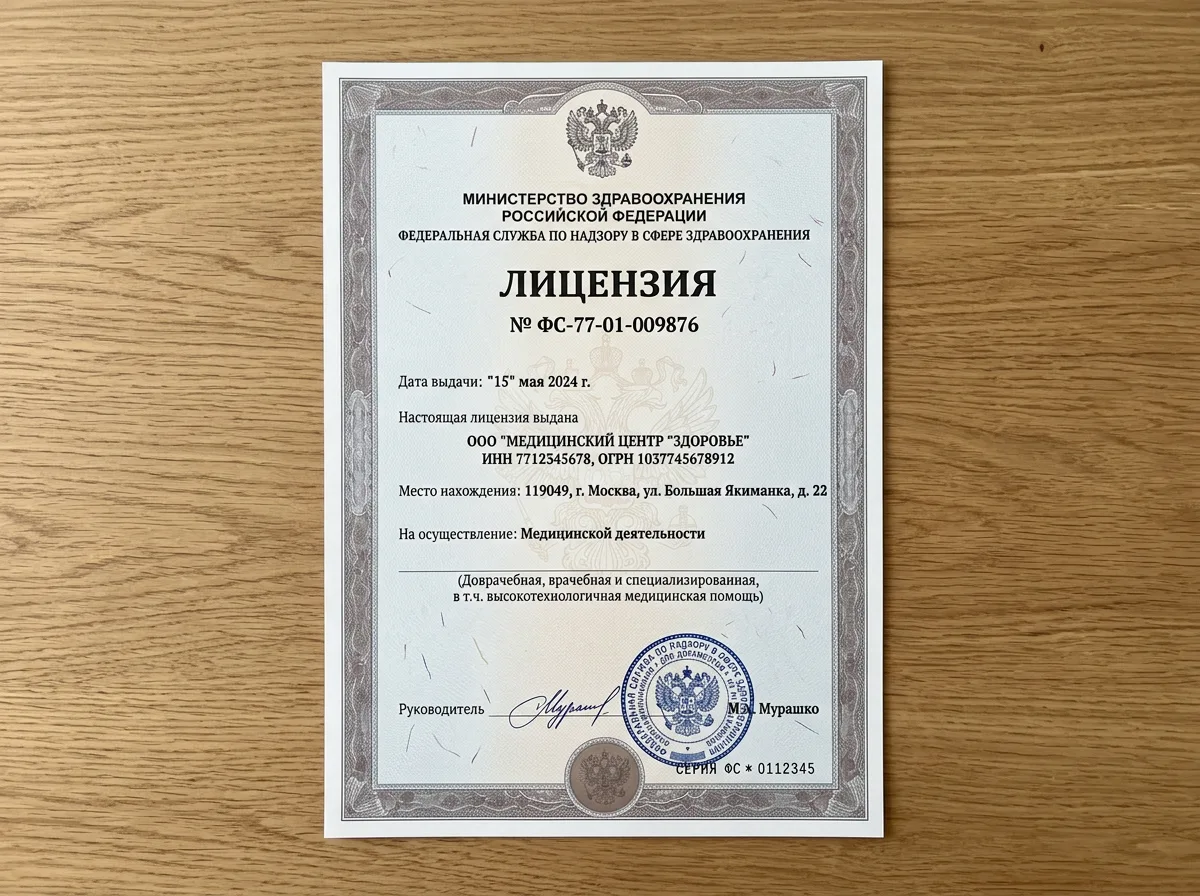 Лицензия Росздравнадзора на медицинскую деятельность — официальный документ на бланке Министерства здравоохранения РФ, синяя печать и подпись руководителя