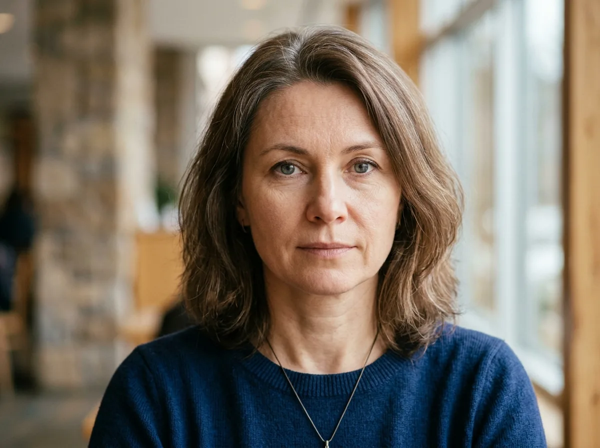 Женщина 45 лет, аватар отзыва, нейтральный фон, внимательное выражение лица