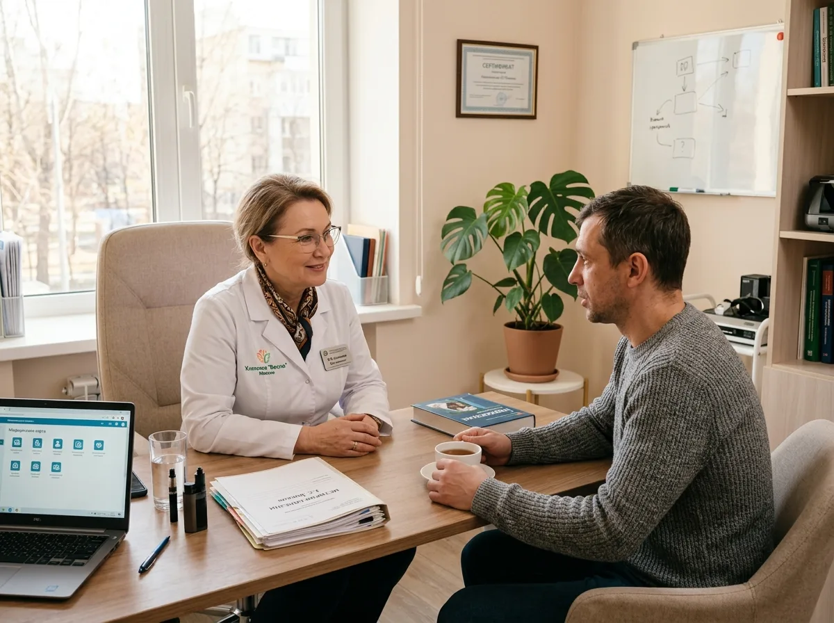 Врач-нарколог в клинике разговаривает с пациентом — доверительная беседа в светлом кабинете, тёплое освещение, профессиональная атмосфера